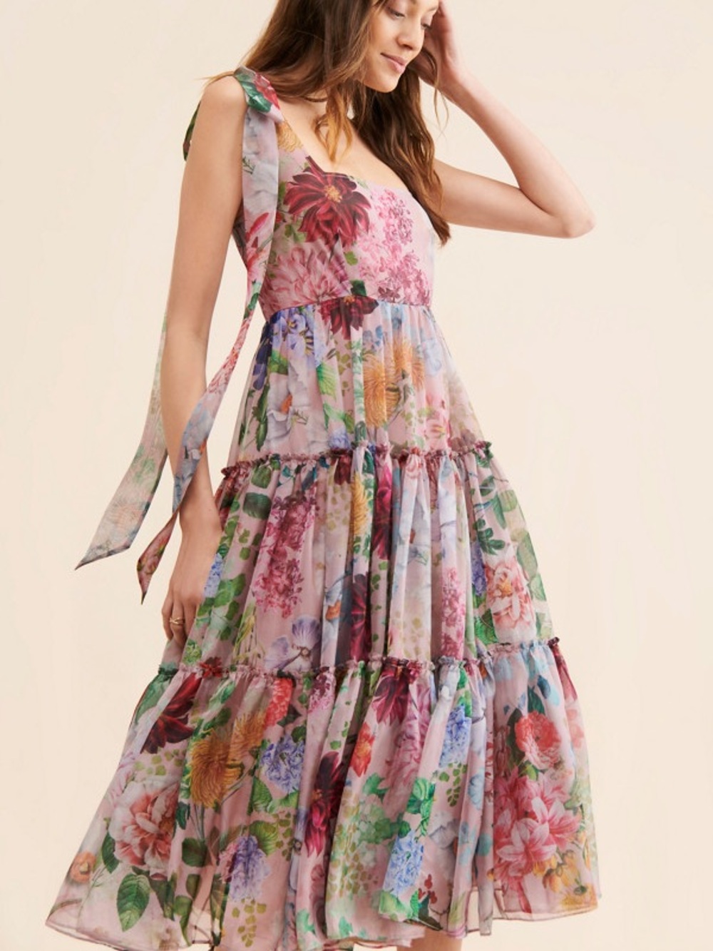 Geisha Designs Isabella Floral Tiered Tie-Shoulder Strap Midi Dress Gown 8 - Picture 2 of 10